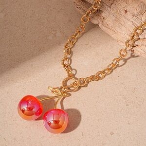 Gold Chain Necklace with Red Cherry Pendant - Women Jewelry